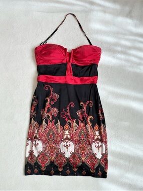 Vintage Y2K Bright Red & Black Paisley/Baroque Print Tube Top/Mini Dress